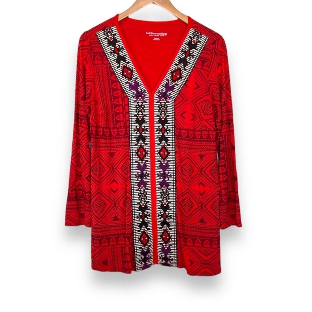 Soft Surroundings Kalahari red embroidered V neck long sleeve tunic top boho M